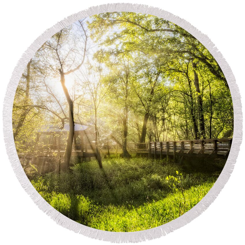 Appalachia Round Beach Towel featuring the photograph Rays over the River Walk by Debra and Dave Vanderlaan