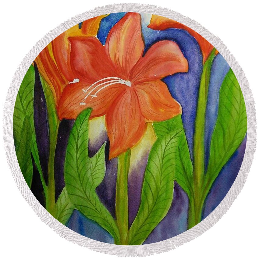Orange Floral Round Beach Towel featuring the painting Reaching for the sun by Susan Nielsen
