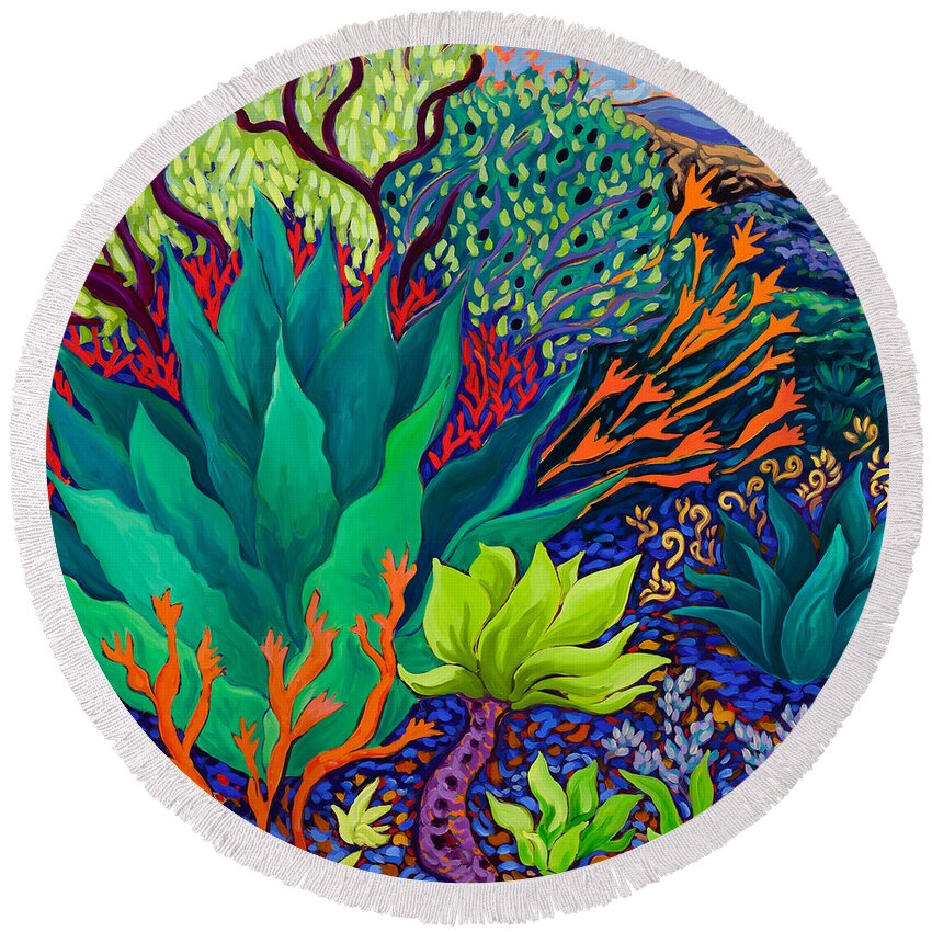 Succulent Round Beach Towel featuring the painting Reaching Out Garden Spirit by Cathy Carey