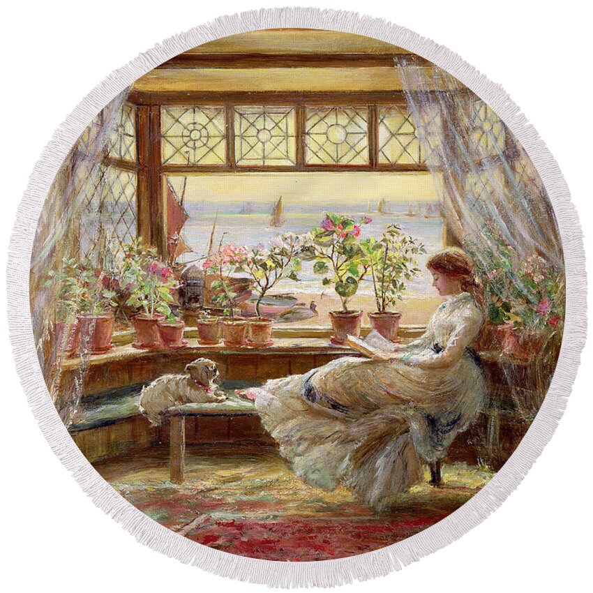 Dog Round Beach Towel featuring the painting Reading by the Window by Charles James Lewis