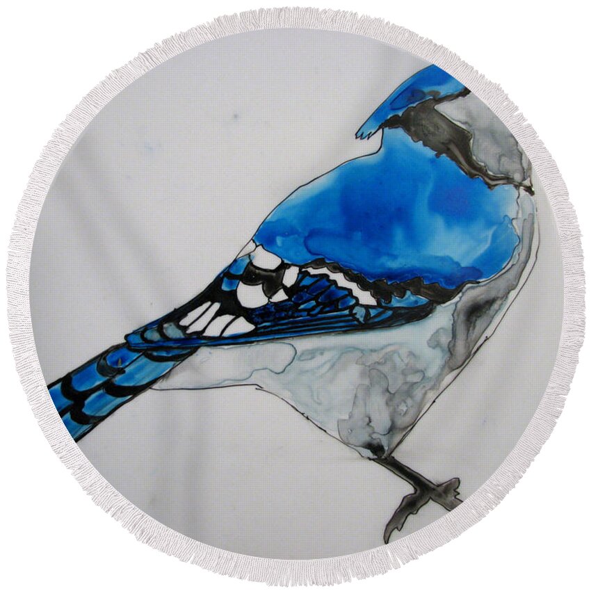 Birds Round Beach Towel featuring the painting Ready Blue by Patricia Arroyo