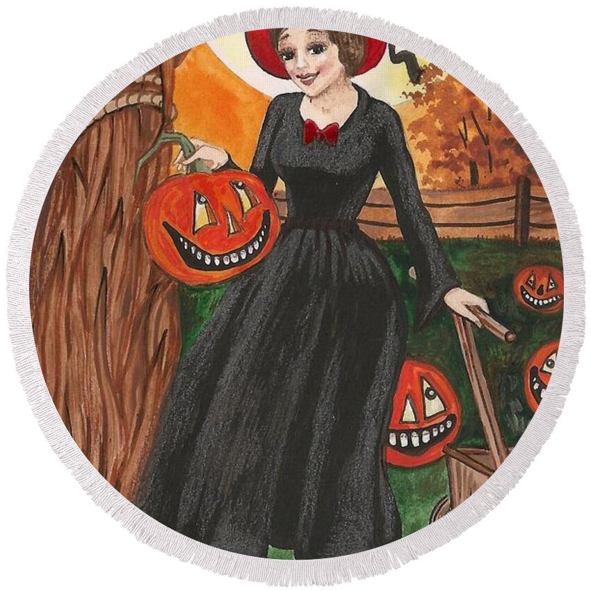 Print Round Beach Towel featuring the painting Ready For Halloween by Margaryta Yermolayeva
