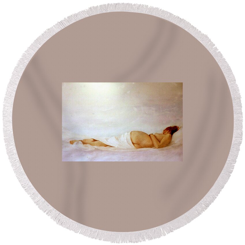 Reclining Nude Round Beach Towel featuring the painting Reclining Nude 2 by David Ladmore