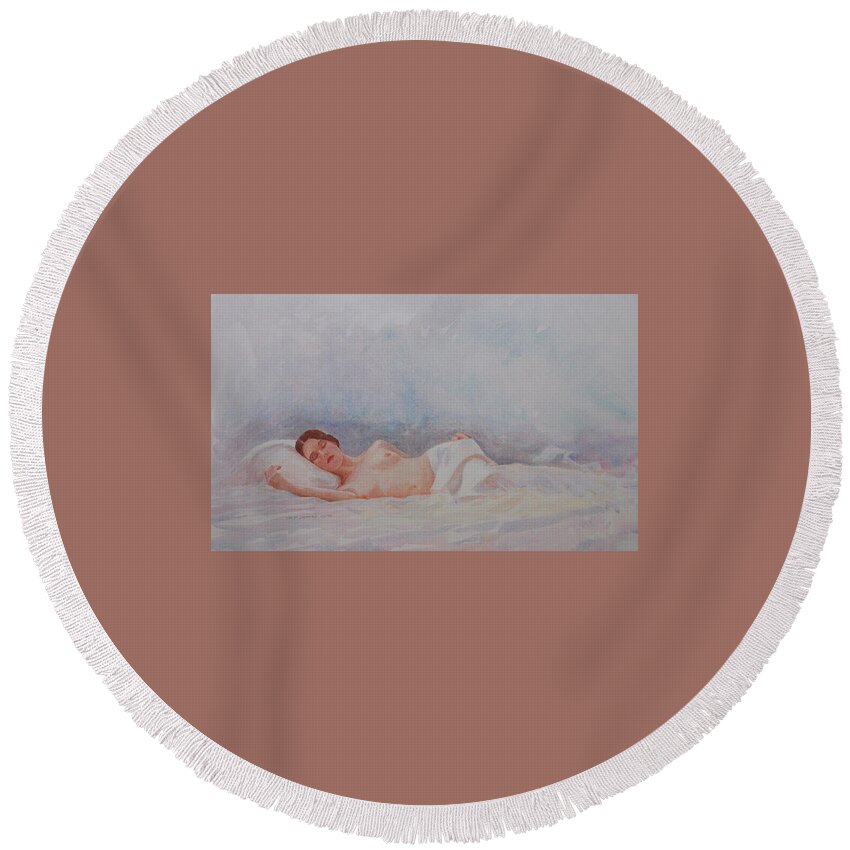 Reclining Nude Round Beach Towel featuring the painting Reclining Nude 3 by David Ladmore