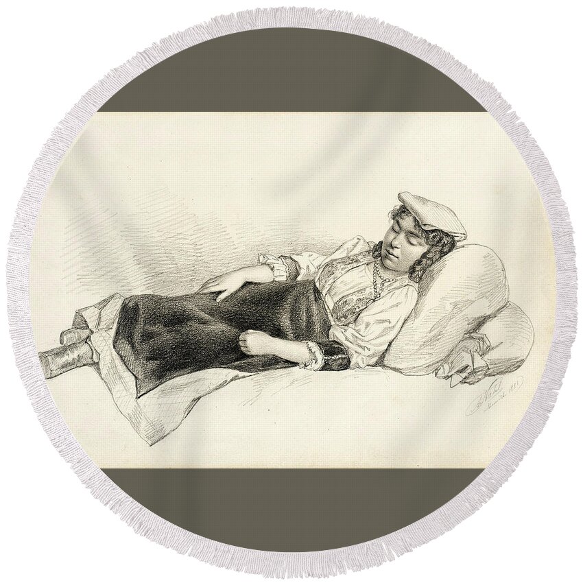 Arthur Nahl Round Beach Towel featuring the drawing Reclining Peasant Girl by Arthur Nahl