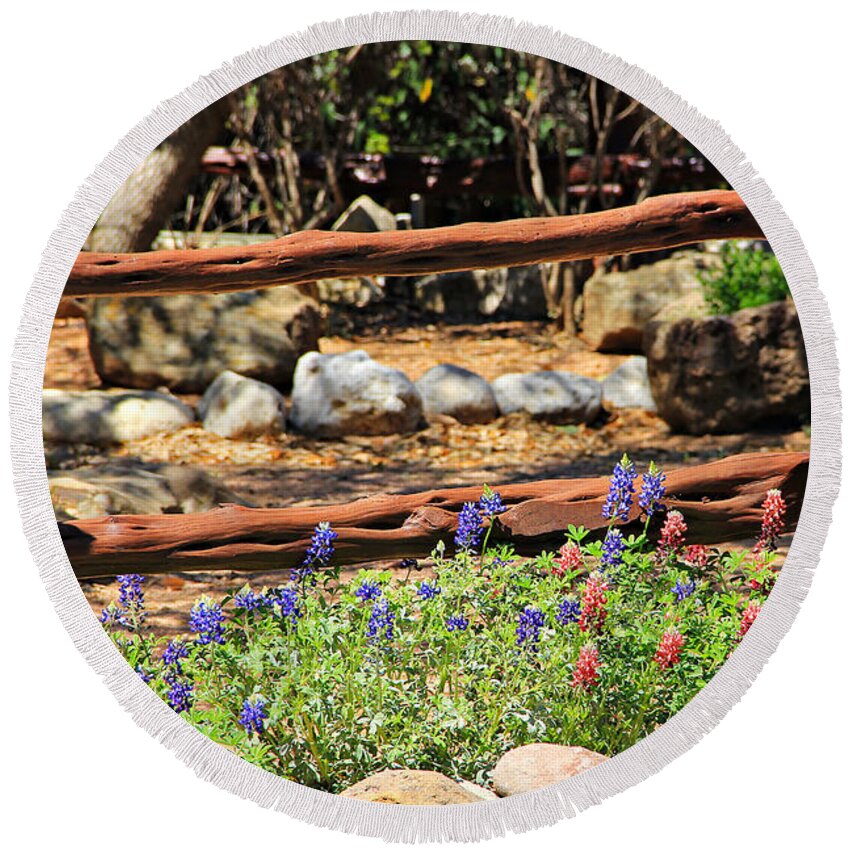 Landscape Round Beach Towel featuring the photograph Red and Bluebonnets by Matalyn Gardner