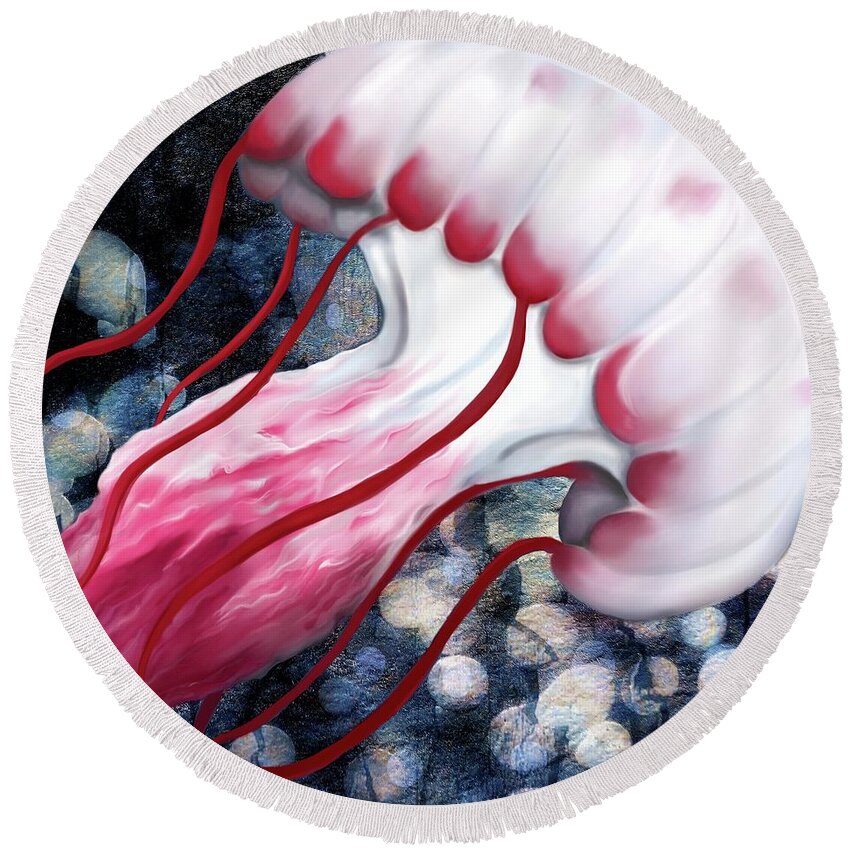 Jellyfish Round Beach Towel featuring the digital art Red and White Jellyfish by Sand And Chi