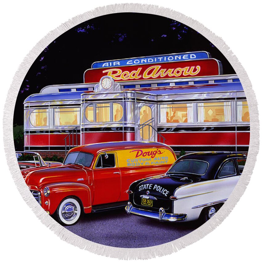 Old Style Round Beach Towel featuring the photograph Red Arrow Diner by MGL Meiklejohn Graphics Licensing