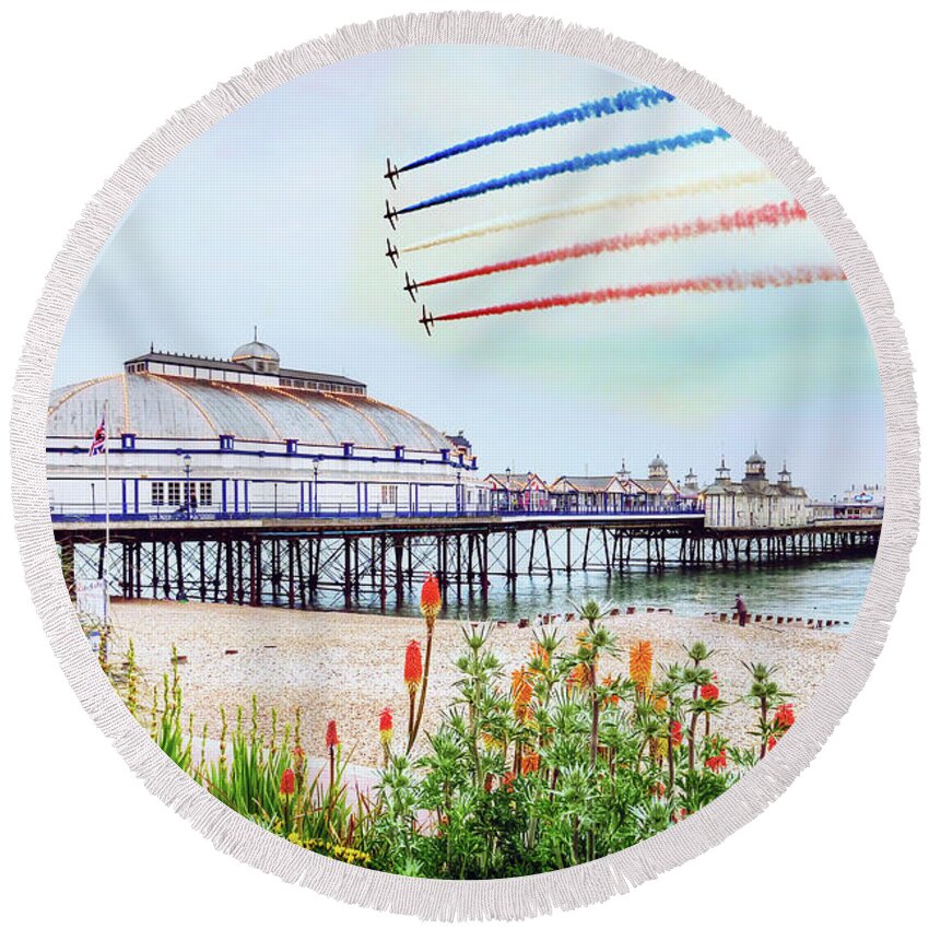 Red Arrows Round Beach Towel featuring the digital art Red Arrows Eastbourne Pier by Airpower Art