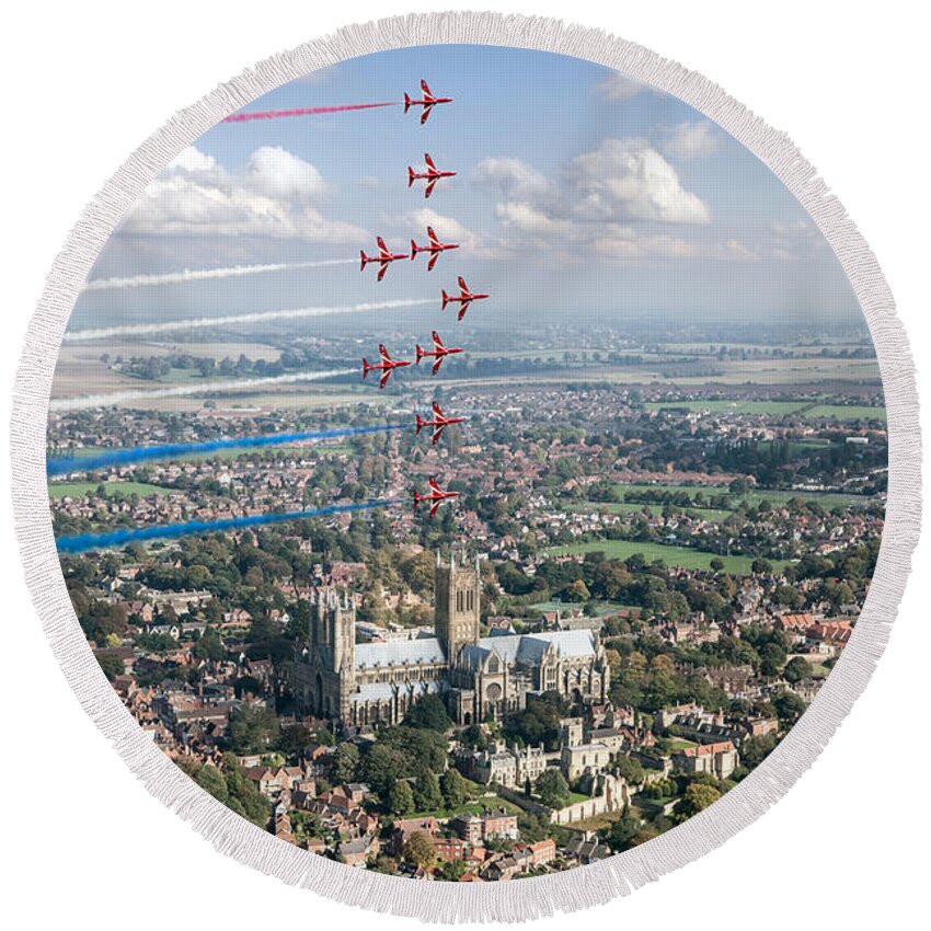 Red Arrows Round Beach Towel featuring the digital art Red Arrows over Lincoln smoke on by Gary Eason