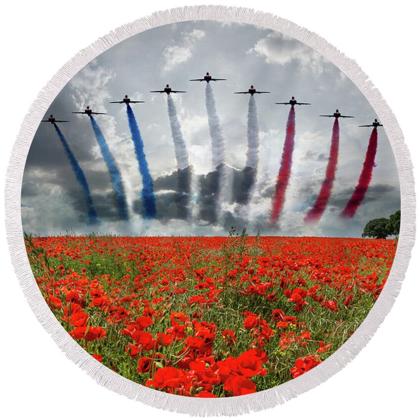 Red Arrows Round Beach Towel featuring the digital art Red Arrows Poppy Field by Airpower Art