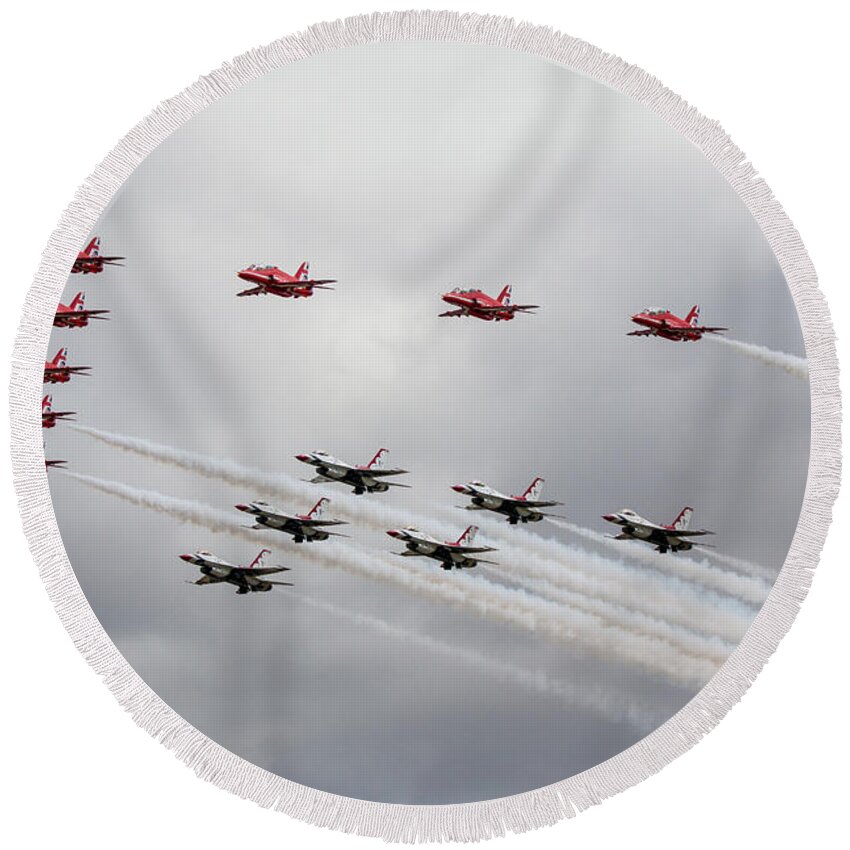 Red Arrows Round Beach Towel featuring the digital art red Arrows with The Thunderbirds by Airpower Art