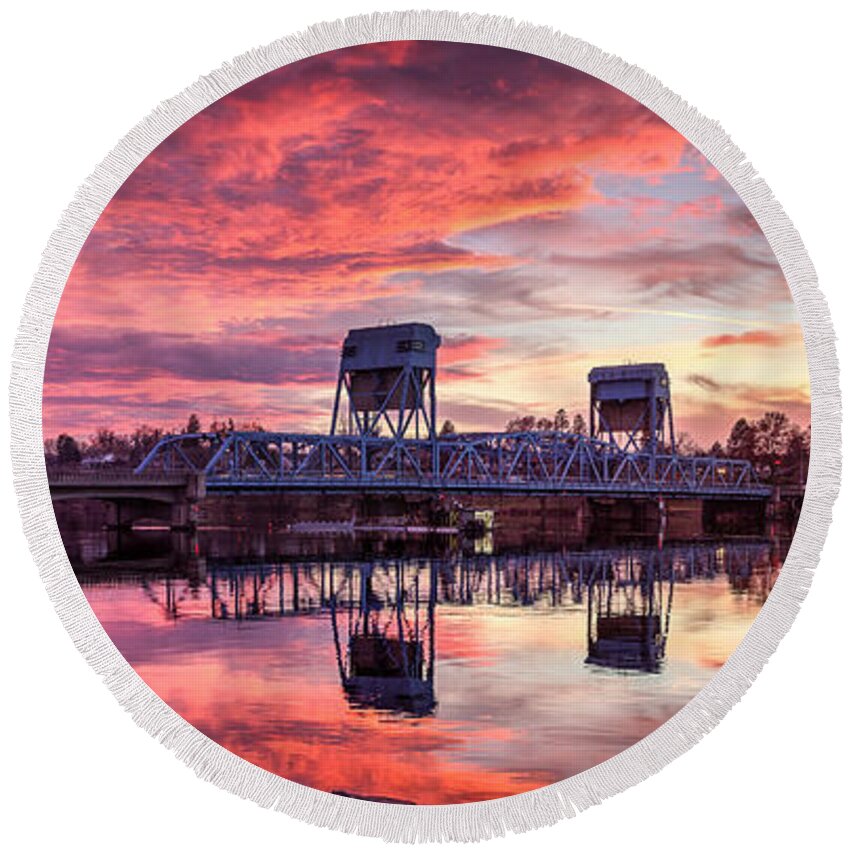 Bench Red Sunset Sky Blue Bridge Snake River Reflection Lewiston Idaho Round Beach Towel featuring the photograph Red at Night by Brad Stinson