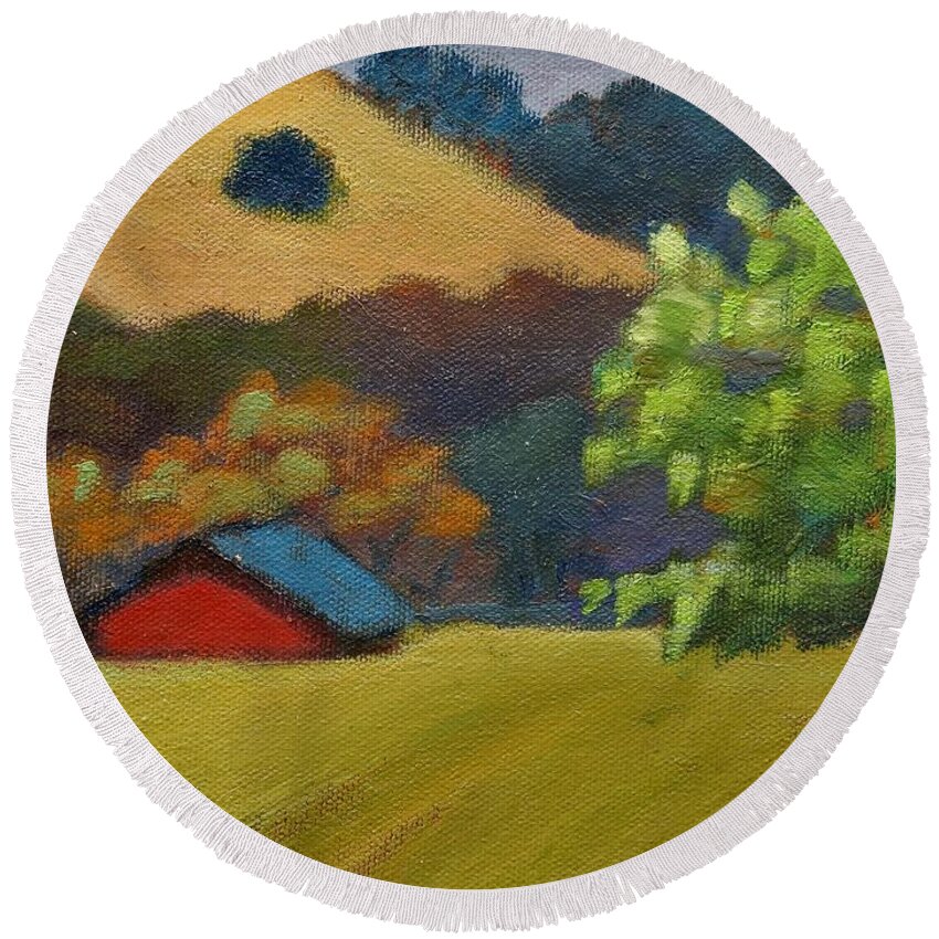 Barn Round Beach Towel featuring the painting Red Barn by Gary Coleman