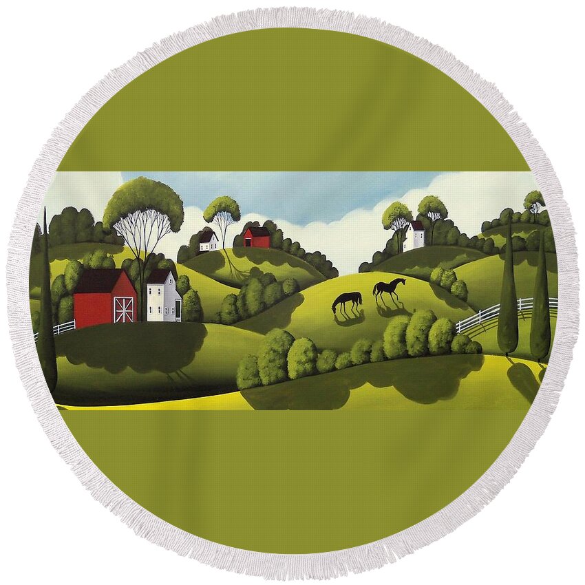 Barn Round Beach Towel featuring the painting Red Barns - country landscape by Debbie Criswell