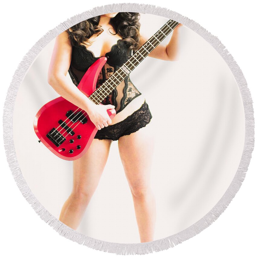 Red Round Beach Towel featuring the photograph Red bass guitar by Robert WK Clark