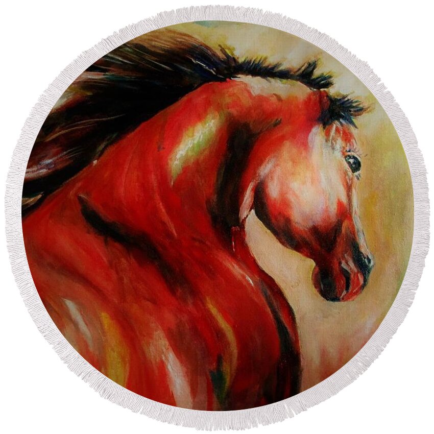 Horse Round Beach Towel featuring the painting Red breed by Khalid Saeed