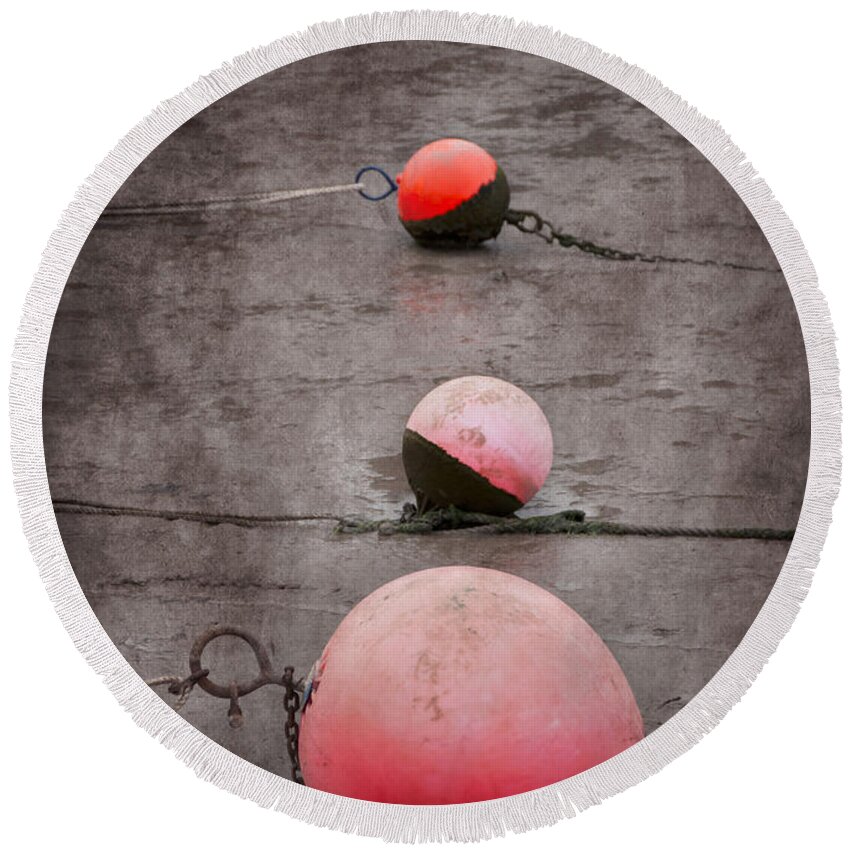 Anchored Round Beach Towel featuring the photograph Red Buoys by Svetlana Sewell