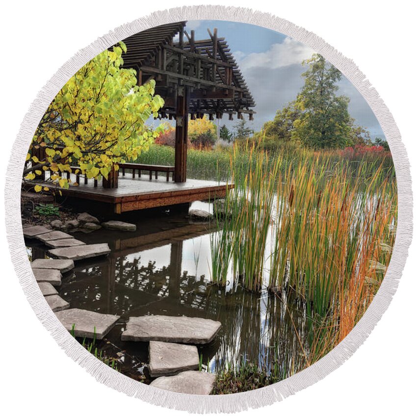 Water Pavillion Round Beach Towel featuring the photograph Red Butte Gardens by Douglas Pulsipher