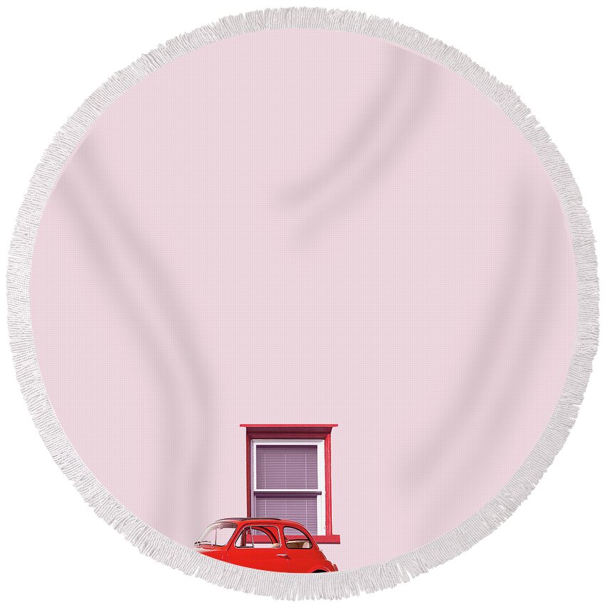 Minimal Round Beach Towel featuring the photograph Red car by Caterina Theoharidou