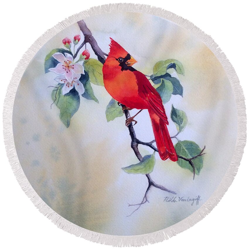 Bird Round Beach Towel featuring the painting Red Cardinal by Hilda Vandergriff