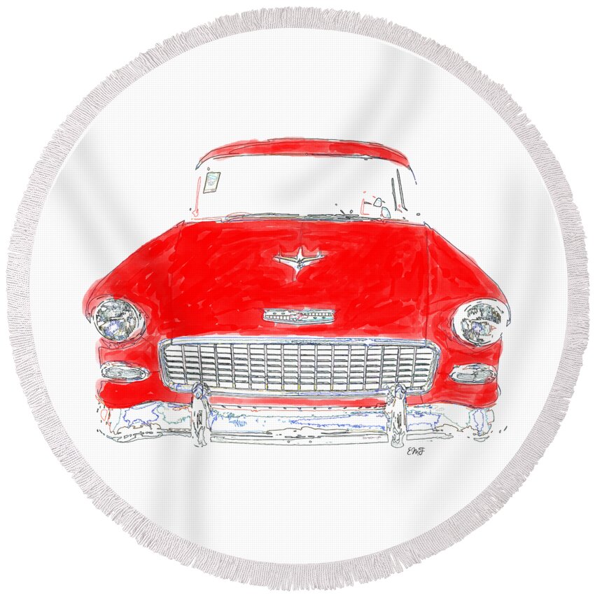 Tee Round Beach Towel featuring the drawing Red Chevy T-Shirt by Edward Fielding