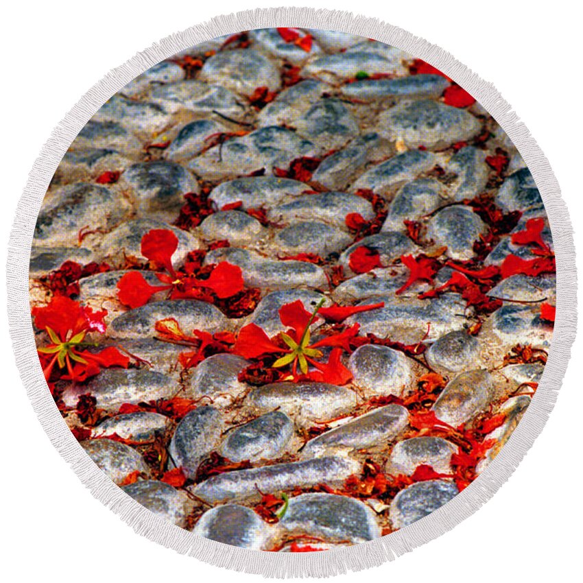 Red Round Beach Towel featuring the photograph Red Cobblestone Road by James BO Insogna