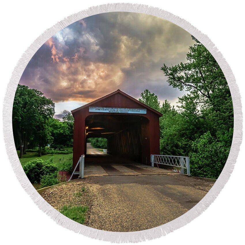 Covered Bridge Round Beach Towel featuring the photograph Red Coverd Bridge With Pretty Sky by Sven Brogren