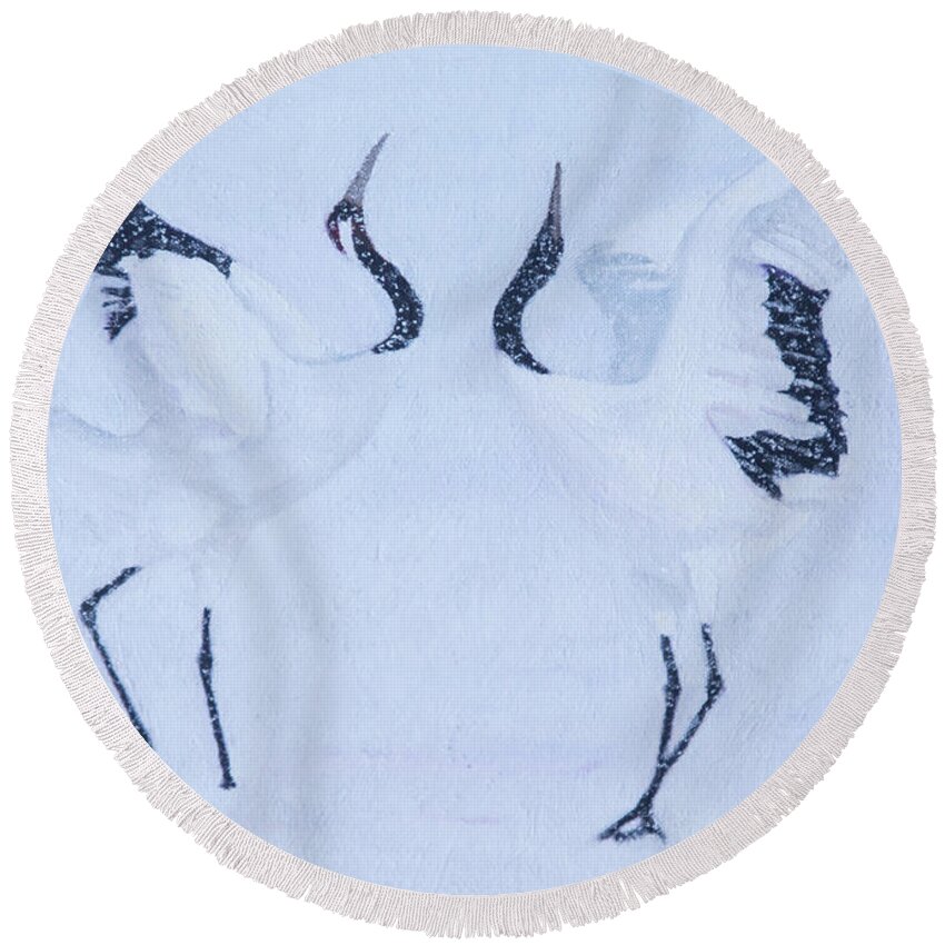 Bird Round Beach Towel featuring the painting Red-crowned crane Pair by Masami Iida