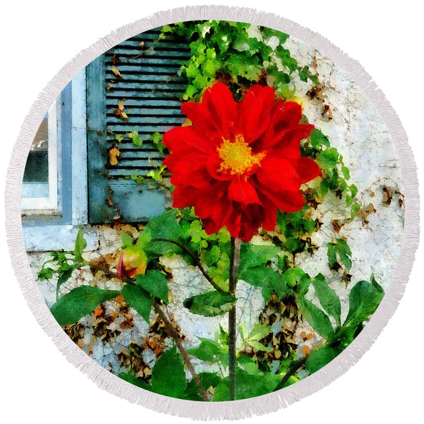 Garden Round Beach Towel featuring the photograph Red Dahlia By Window by Susan Savad