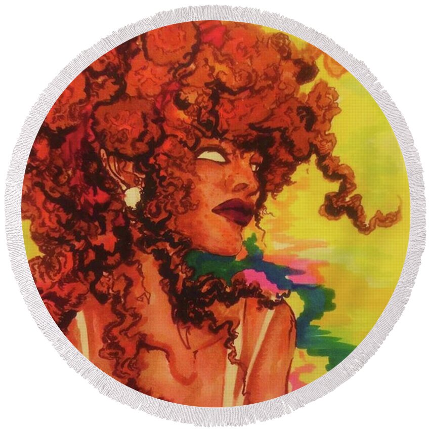 Black Woman Magic Round Beach Towel featuring the drawing Red Dawn by Vanessa Harrison