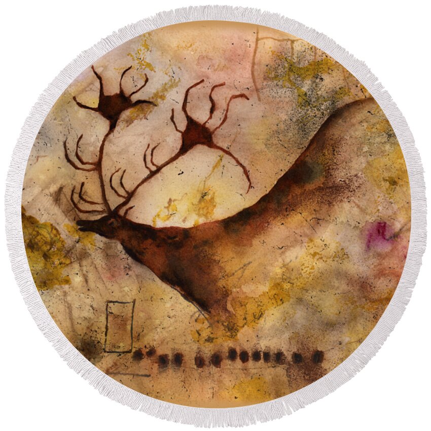 Cave Round Beach Towel featuring the painting Red Deer by Hailey E Herrera
