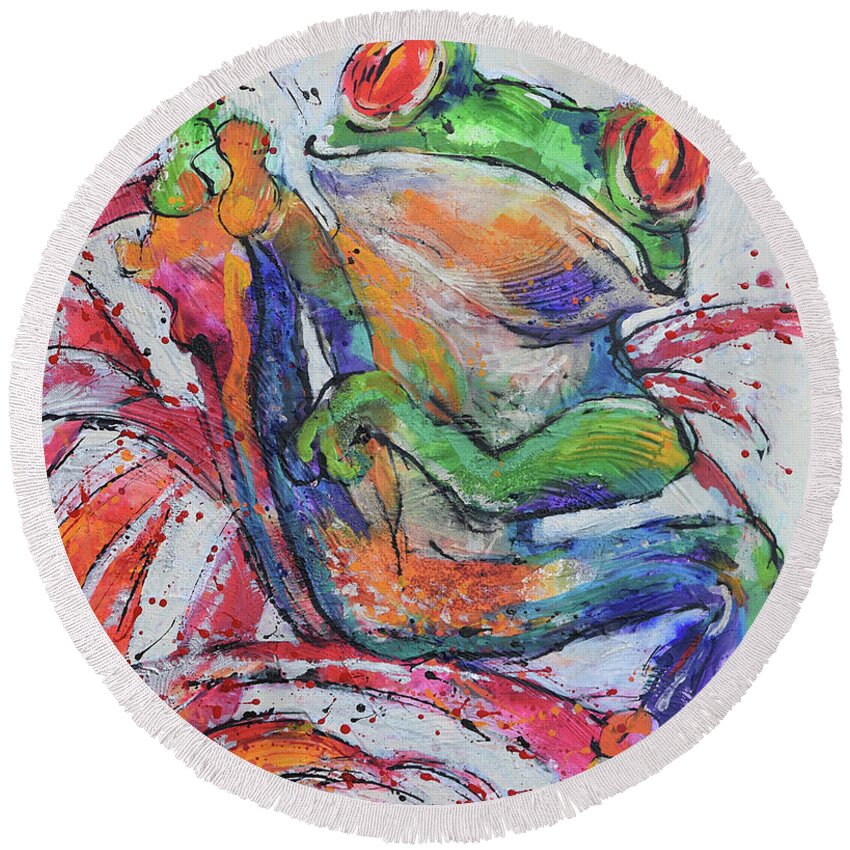 Frog Round Beach Towel featuring the painting Red-eyed Frog by Jyotika Shroff