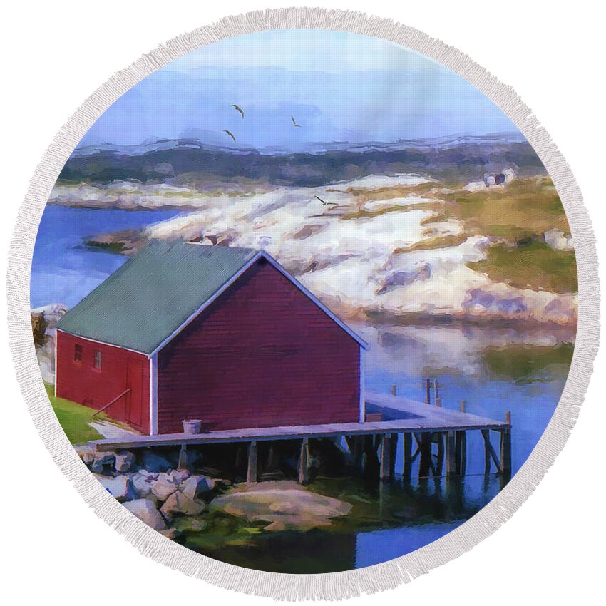 Fishing Round Beach Towel featuring the painting Red Fishing Shed on the Cove by Ken Morris