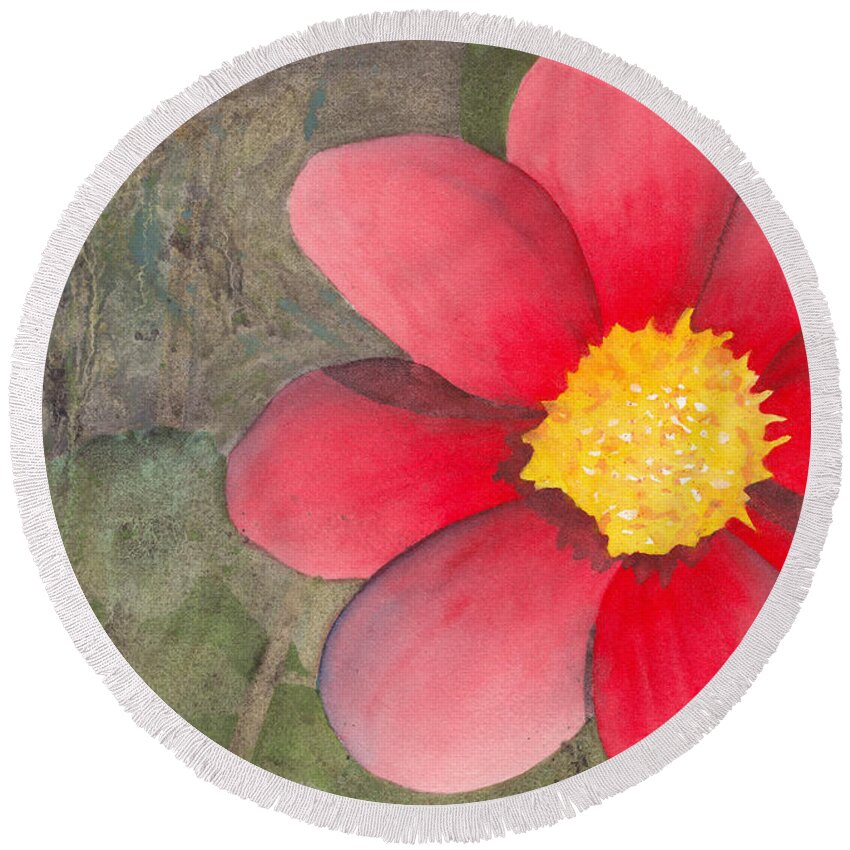 Watercolor Round Beach Towel featuring the painting Red Flower by Ken Powers