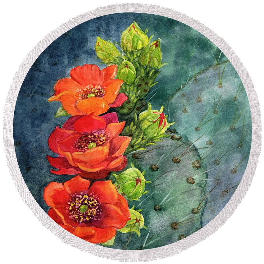 Prickly Pear Round Beach Towel featuring the painting Red Flowering Prickly Pear Cactus by Marilyn Smith