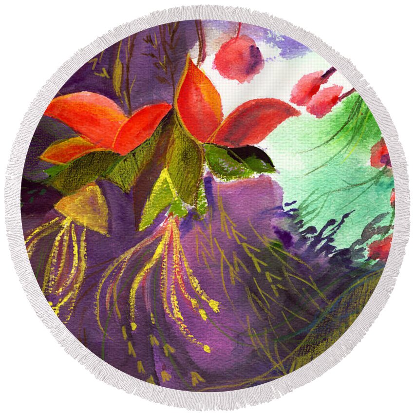 Flower Round Beach Towel featuring the painting Red Flowers by Anil Nene