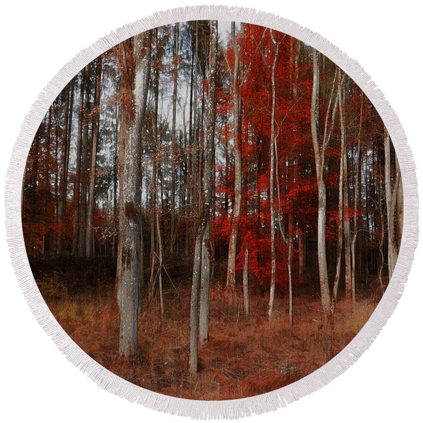 Photo Round Beach Towel featuring the photograph Red Forest by Jutta Maria Pusl