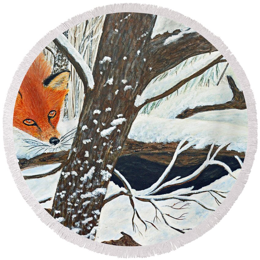 Cardinal Round Beach Towel featuring the painting Red fox and Cardinal by Ken Figurski