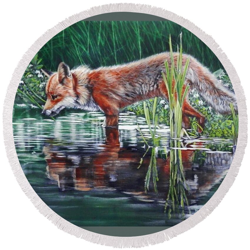 Fox Round Beach Towel featuring the painting Red Fox Reflecting by John Neeve