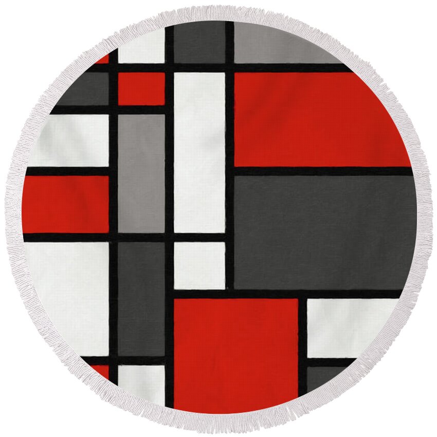 Mondrian Round Beach Towel featuring the digital art Red Grey Black Mondrian Inspired by Michael Tompsett