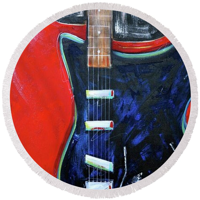 Red Round Beach Towel featuring the painting Red Guitar by Debi Starr