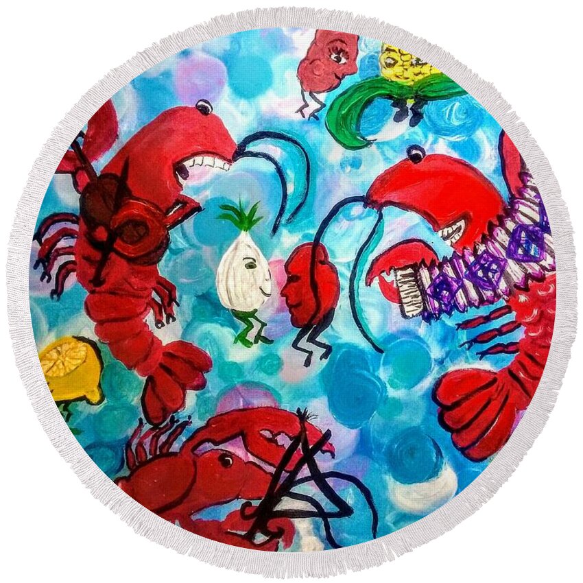 Red Hot Crawfish Ball Round Beach Towel featuring the mixed media Red Hot Crawfish Ball by Seaux-N-Seau Soileau