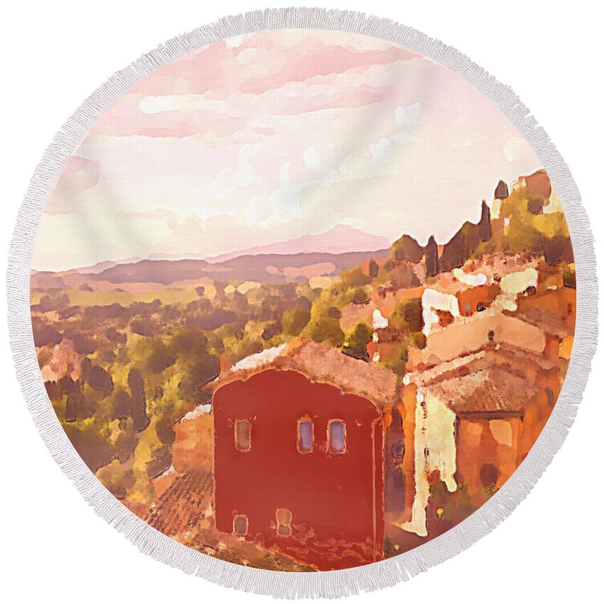 Impressionist Round Beach Towel featuring the digital art Red House on a Hill by Shelli Fitzpatrick