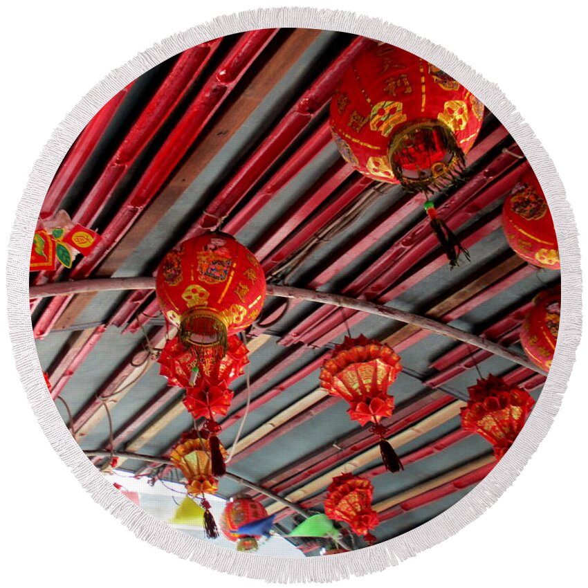 Red Lanterns Round Beach Towel featuring the photograph Red Lanterns 1 by Randall Weidner