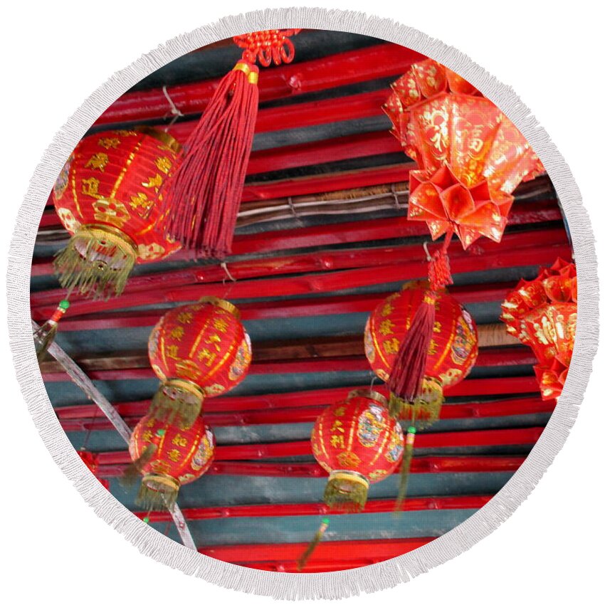 Red Lanterns Round Beach Towel featuring the photograph Red Lanterns 2 by Randall Weidner