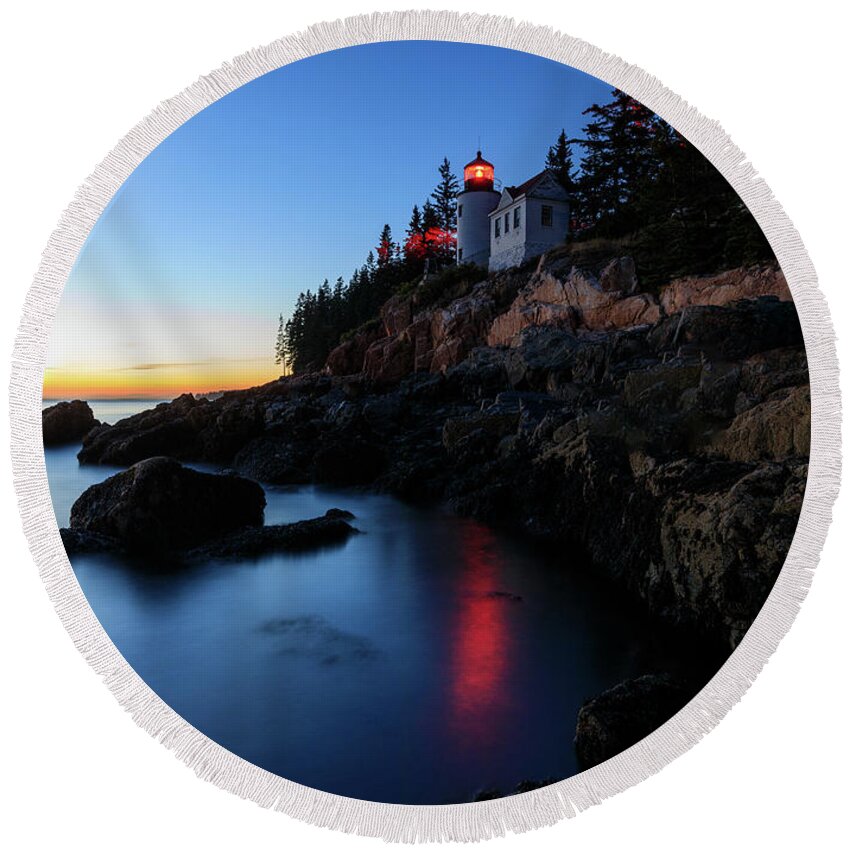 Bass Harbor Head Lighthouse Round Beach Towel featuring the photograph Red Light by Rob Davies