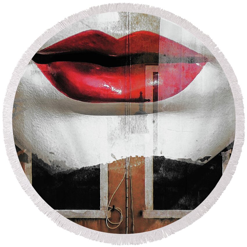 Lips Round Beach Towel featuring the photograph Red lips and old windows by Gabi Hampe