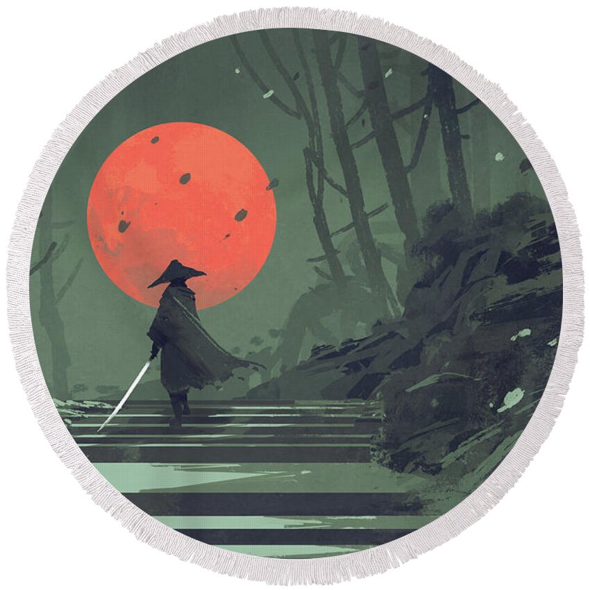 Acrylic Round Beach Towel featuring the painting Red Moon Night by Tithi Luadthong