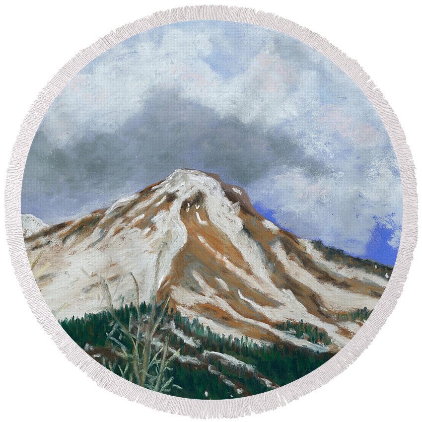 Mountain Round Beach Towel featuring the pastel Red Mountain in Snow by Ginny Neece